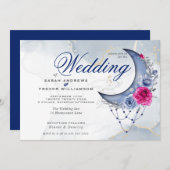 Boho Wedding Esoteric Navy Custom Crescent Moon Einladung (Vorne/Hinten)