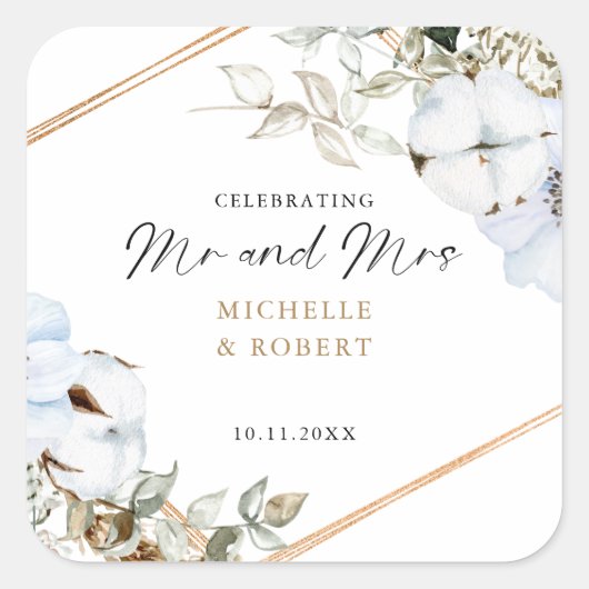 Boho Wedding feiert Mr & Mrs Custom Floral Quadratischer Aufkleber (Vorderseite)