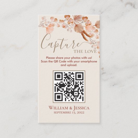 Boho Wedding Foto Sharing Pampas Grass QR Code Begleitkarte (Vorderseite)