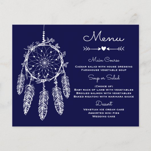 Boho Wedding Menu Navy Blue Dream Catcher (Vorderseite)