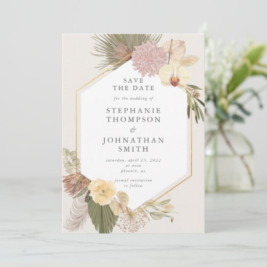 Boho Wedding Pampas Grass Orchid Save the Date Einladung (Stehend Vorderseite)