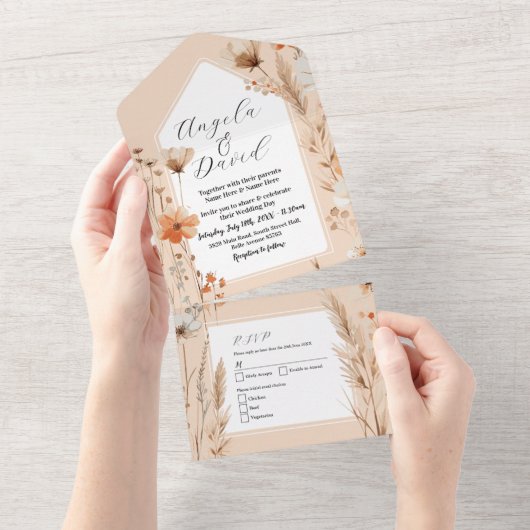 Boho Wedding Peach Florals Invite & UAWG All In One Einladung (Abreißen)