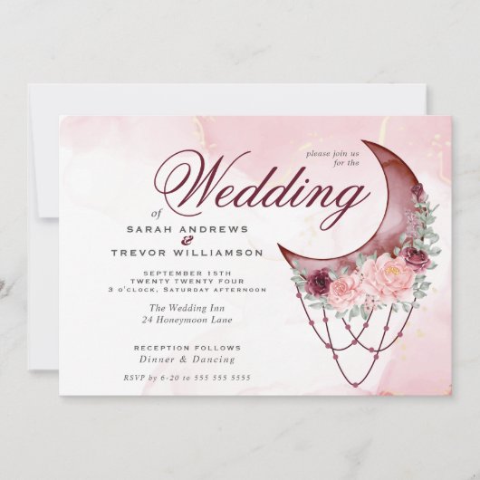 Boho Wedding Pink Crescent Moon Mandala Einladung (Vorderseite)