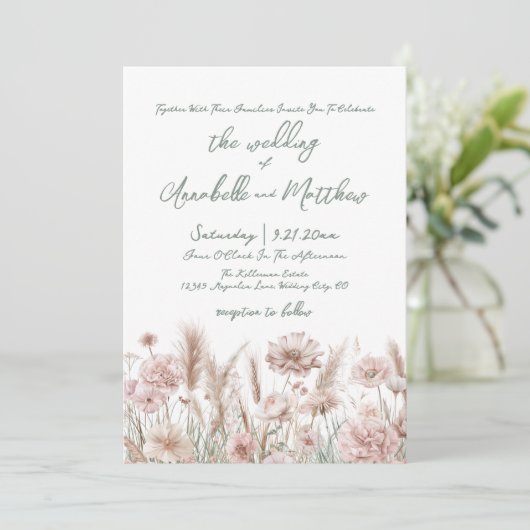 Boho Wedding Rosa Botanische Wildblumen Einladung (Stehend Vorderseite)