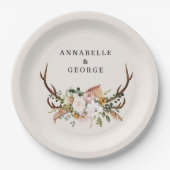 Boho Wedding Rustic Antler Floral Wedding Monogram Pappteller (Vorderseite)