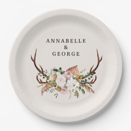Boho Wedding Rustic Antler Floral Wedding Monogram Pappteller (Vorderseite)