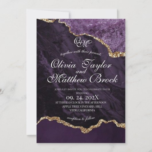 Boho Wedding Scrip Agate Lila und Gold Einladung (Vorderseite)