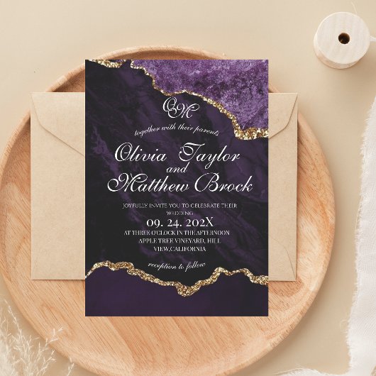 Boho Wedding Scrip Agate Lila und Gold Einladung