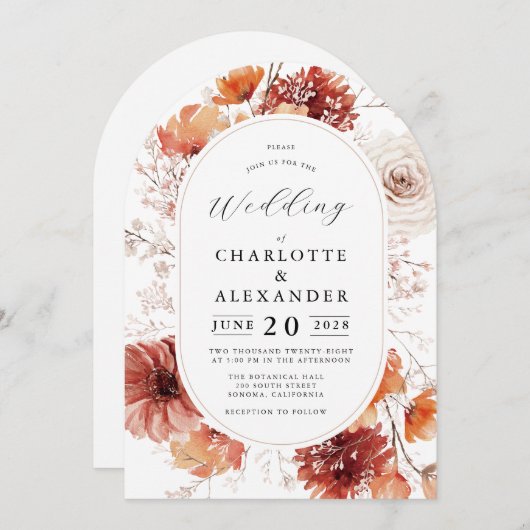 Boho Wedding Terracotta Rust Blume Einladung (Vorne/Hinten)