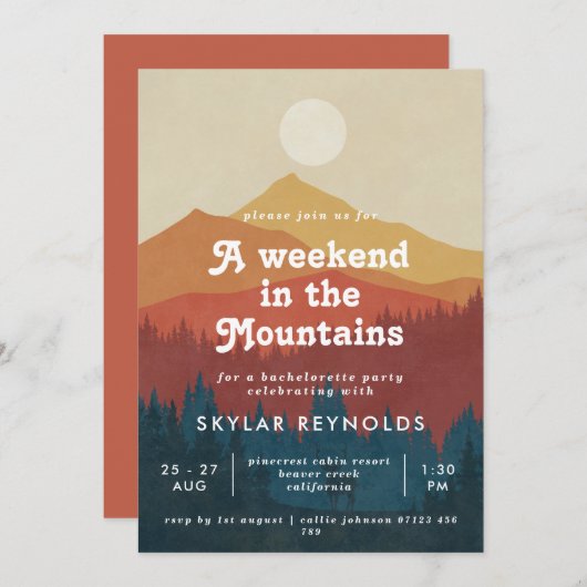Boho Weekend im Berg Retro Bachelorette Einladung (Vorne/Hinten)