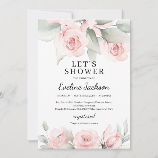 Boho weiche rosa Blumen und Grünpflanzen Brautpart Einladung (Vorderseite)