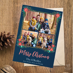 Boho-Weihnachts-Fotokarte, Florales Goldrahmen Feiertagskarte