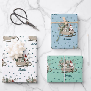 Boho Weihnachtsmann auf Schlitten mit Geschenken S Geschenkpapier Set