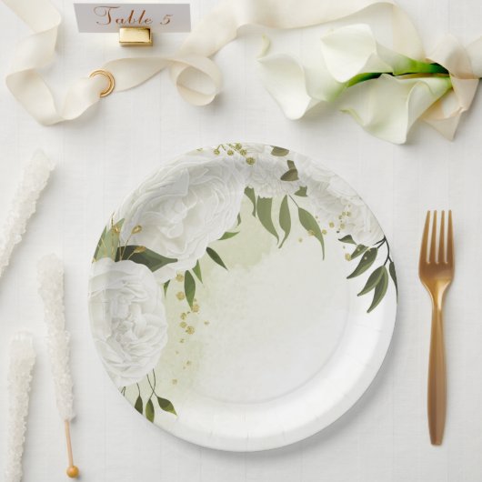 Boho weiße Blume grüne Blätter botanisch Pappteller (Hochzeit)