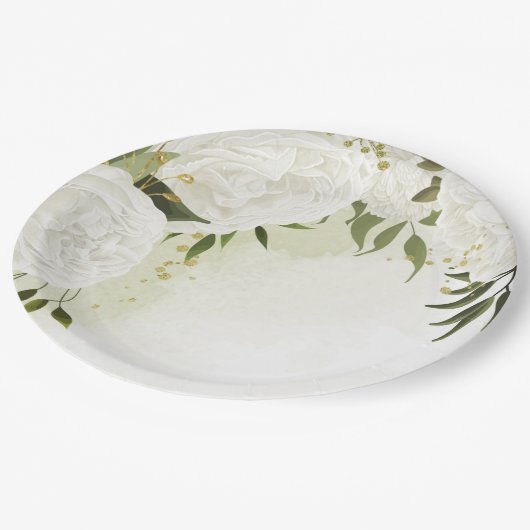 Boho weiße Blume grüne Blätter botanisch Pappteller (Schrägansicht)