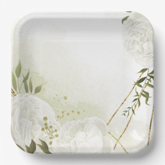 Boho weiße Blume grüne Blätter botanisch Pappteller (Vorderseite)