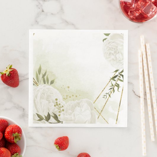 Boho weiße Blume grüne Blätter botanisches Papier  Serviette (Beispiel)