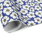Boho Weiße Blumen Auf Blau Geschenkpapier (Rolleneckpunkt)