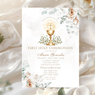 Boho Weiße Blumen Eucharistie Erste Heilige Kommun Einladung