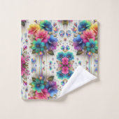 Boho Weiße Blumen Regenbogen Badhandtuch Set (Waschlappen)