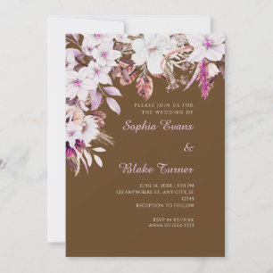 Boho Weiße Florale Herbst Dunkelbraune Hochzeit Einladung