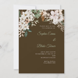 Boho Weiße Florale Winter-Mocha-Braune Hochzeit Einladung