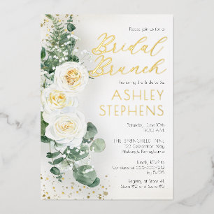 Boho Weiße Rose Floral Eukalyptus Braut-Brunch Folieneinladung