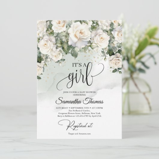 Boho weiße Rosen Eukalyptus und Gold Es ist ein Mä Einladung (Stehend Vorderseite)