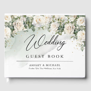 Boho Weiße Rosen Grün und Goldene Hochzeit Gästebuch