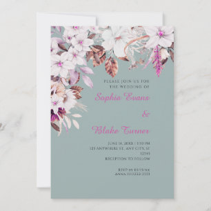 Boho Weiße und rosa florale Herbstgrüne Hochzeit Einladung