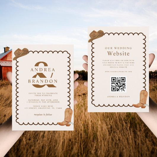 Boho Western Ampersand Wavy Frame Qr Code Hochzeit Einladung