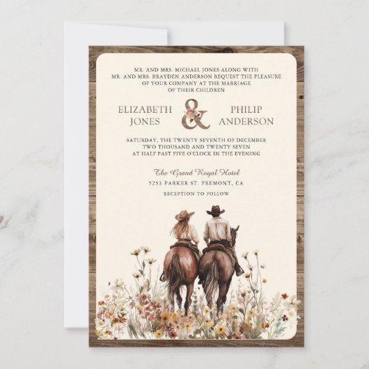 Boho Western Couple Riding Horse QR Code Hochzeit Einladung (Vorderseite)