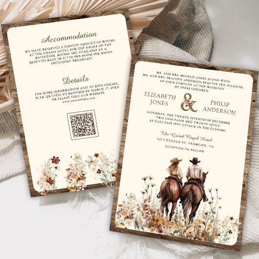 Boho Western Couple Riding Horse QR Code Hochzeit Einladung