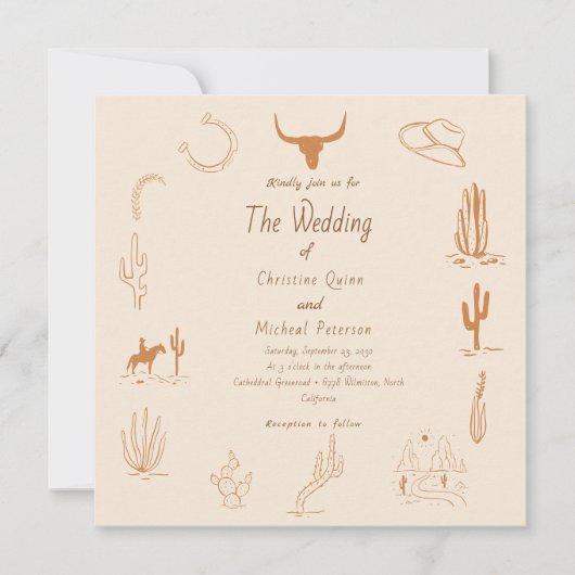 Boho Western Cowboy Illustration Wedding Einladung (Vorderseite)