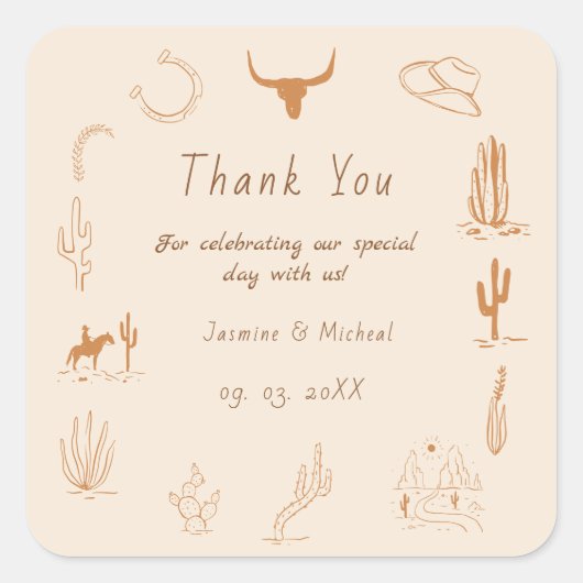 Boho Western Cowboy Illustration Wedding Quadratischer Aufkleber (Vorderseite)