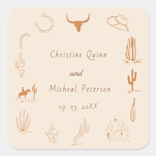 Boho Western Cowboy Illustration Wedding Quadratischer Aufkleber (Vorderseite)