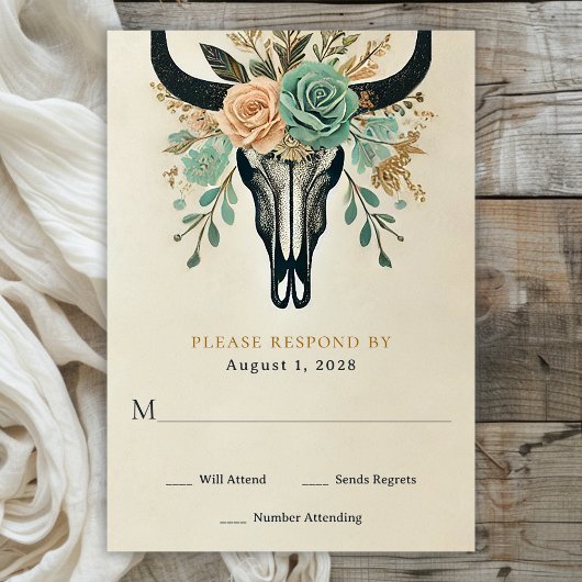 Boho Western Floral Bull Kuh Skull Hochzeit RSVP Karte