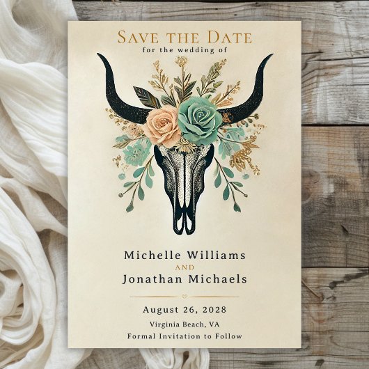 Boho Western Floral Bull Kuh Skull Hochzeit Save The Date