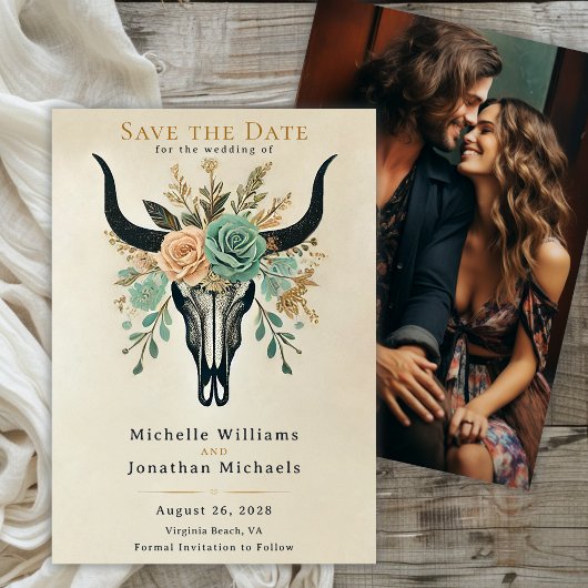 Boho Western Floral Bull Kuh Skull Hochzeitssemble Save The Date