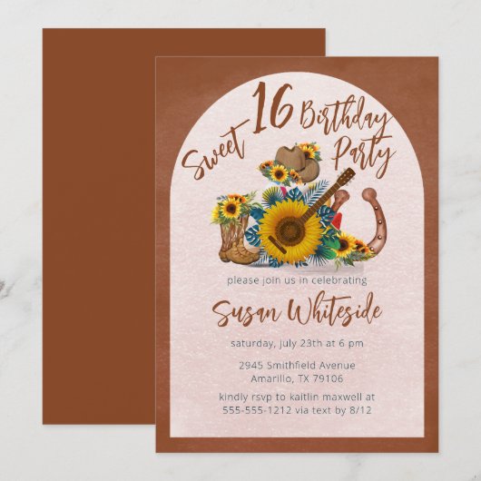Boho Western Guitar Sonnenblumen Sweet 16 Party Einladung (Vorne/Hinten)