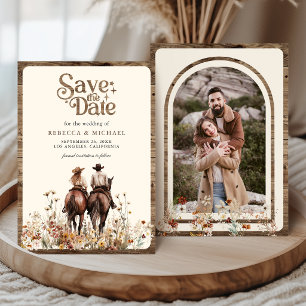 Boho-Western-Paar-Reitpferd-Hochzeitsfoto Save The Date