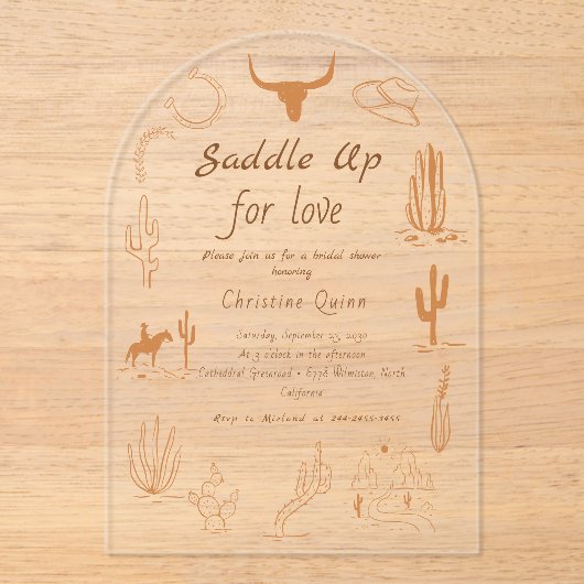 Boho Western Saddle up Cowboy Brautparty Acryleinladungen (Vorderseite)