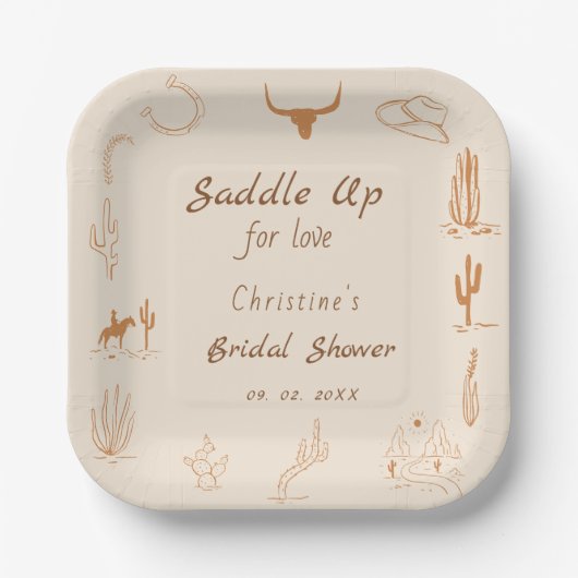 Boho Western Saddle up Cowboy Brautparty Pappteller (Vorderseite)