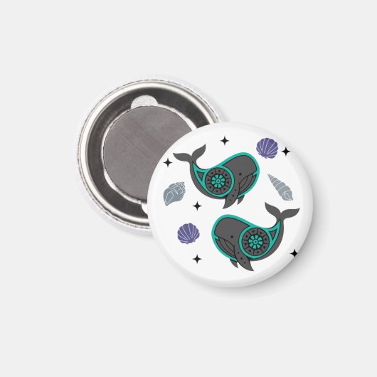 Boho Whale Magnet mit Seashell Accents (Vorderseite/Rückseite)