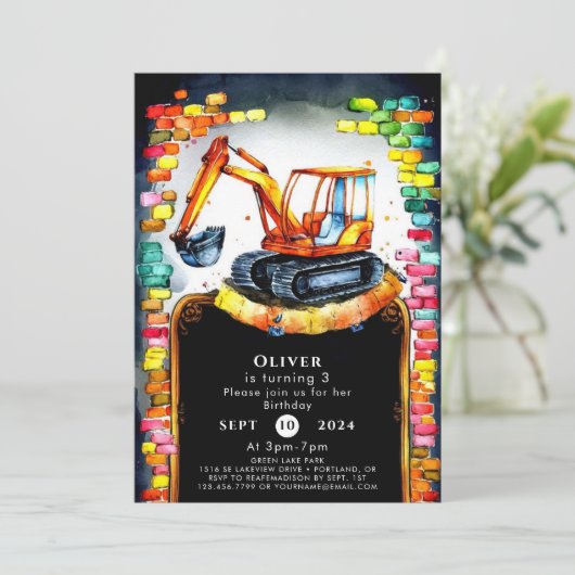 Boho Whimsical Construction Birthday Einladung (Stehend Vorderseite)