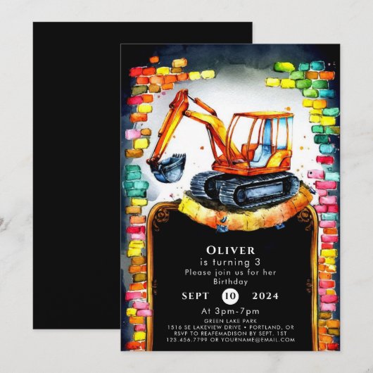 Boho Whimsical Construction Birthday Einladung (Vorne/Hinten)