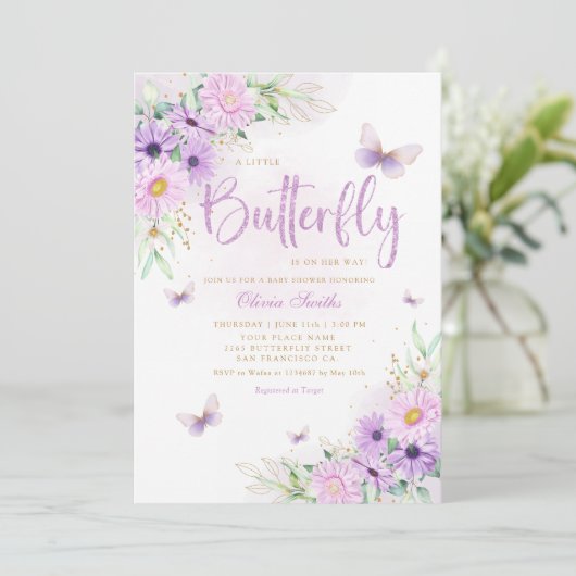 Boho Whimsical Floral Butterfly Girl Babydusche Einladung (Stehend Vorderseite)