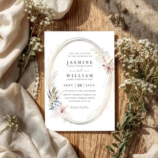 Boho Whimsical Kranz Eleganter QR-Code Hochzeit Einladung