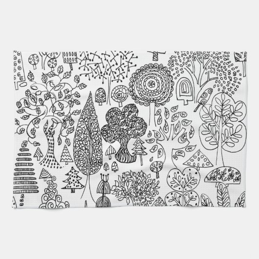 Boho Whimsical Trees Schwarz-Weiß Muster Geschirrtuch (Horizontal)