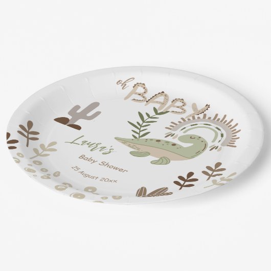 Boho whimsisical Dinosaurier oh Babydusche Pappteller (Schrägansicht)